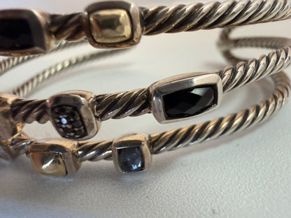 David Yurman Sterling Silver 18K Yellow Gold 3 Row Confetti Cable Cuff Bracelet