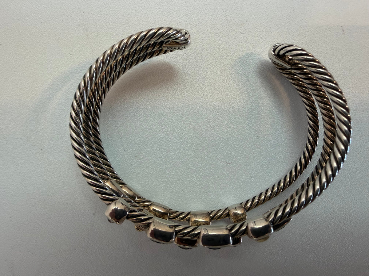 David Yurman Sterling Silver 18K Yellow Gold 3 Row Confetti Cable Cuff Bracelet