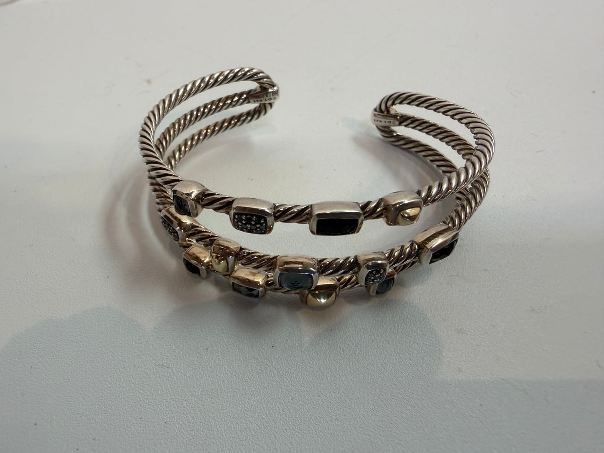 David Yurman Sterling Silver 18K Yellow Gold 3 Row Confetti Cable Cuff Bracelet