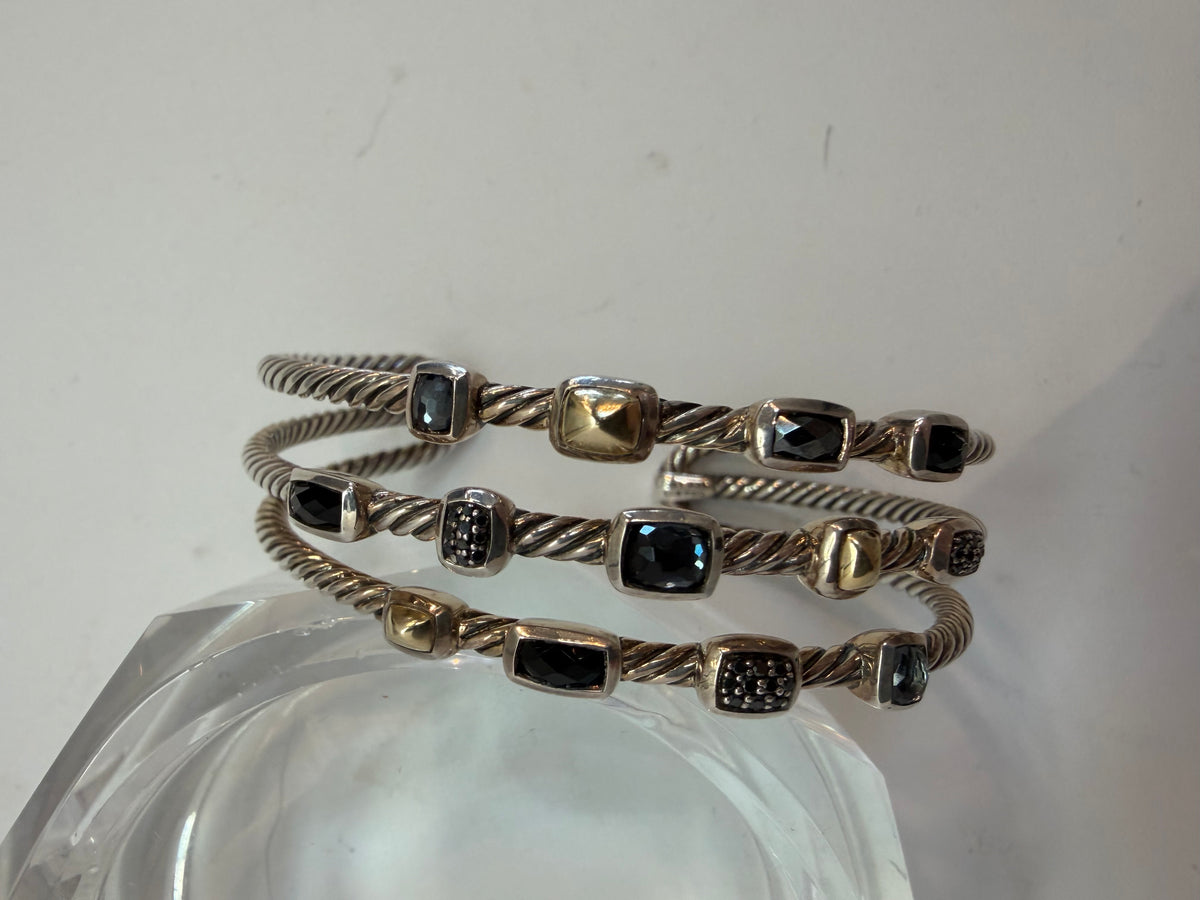 David Yurman Sterling Silver 18K Yellow Gold 3 Row Confetti Cable Cuff Bracelet