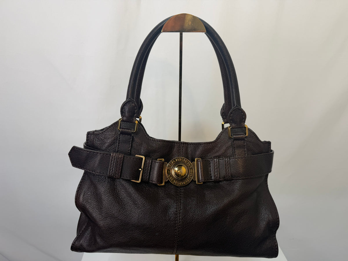 w DUSTBAG-Burberry Leather Chocolate Brown Gold Hardware Slouchy Shoulder Bag