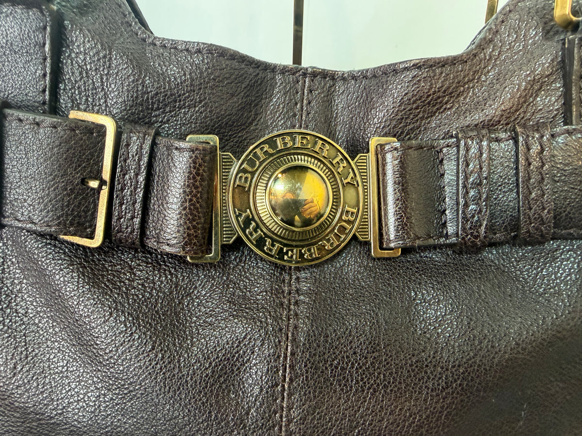 w DUSTBAG-Burberry Leather Chocolate Brown Gold Hardware Slouchy Shoulder Bag