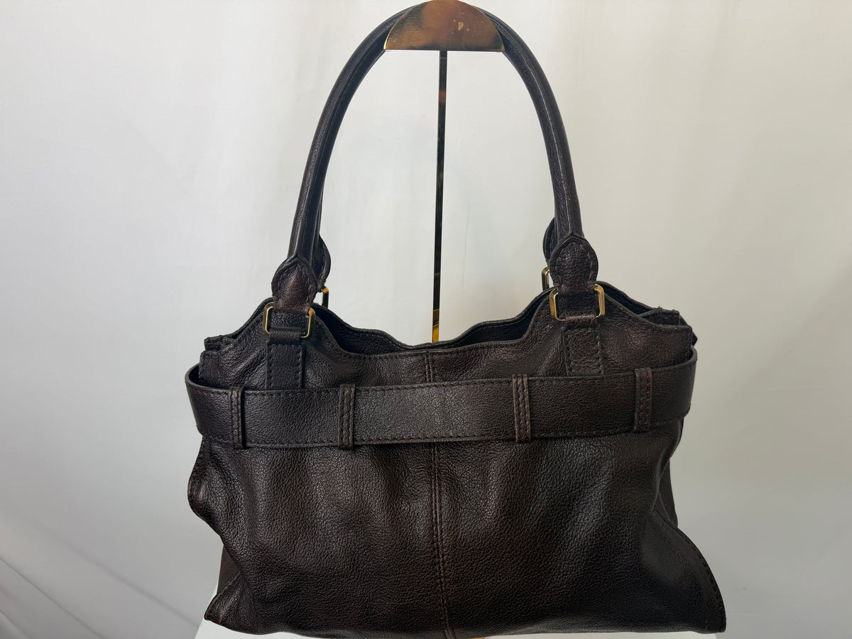 w DUSTBAG-Burberry Leather Chocolate Brown Gold Hardware Slouchy Shoulder Bag