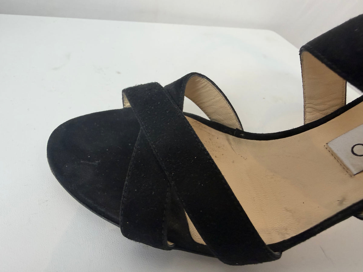 Jimmy Choo Black Suede "Lottie" Ankle Strap Stiletto Sandals
