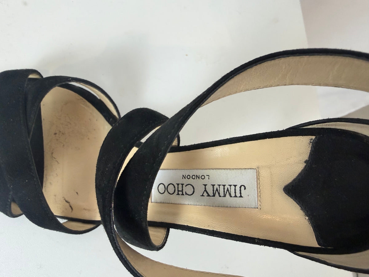 Jimmy Choo Black Suede "Lottie" Ankle Strap Stiletto Sandals