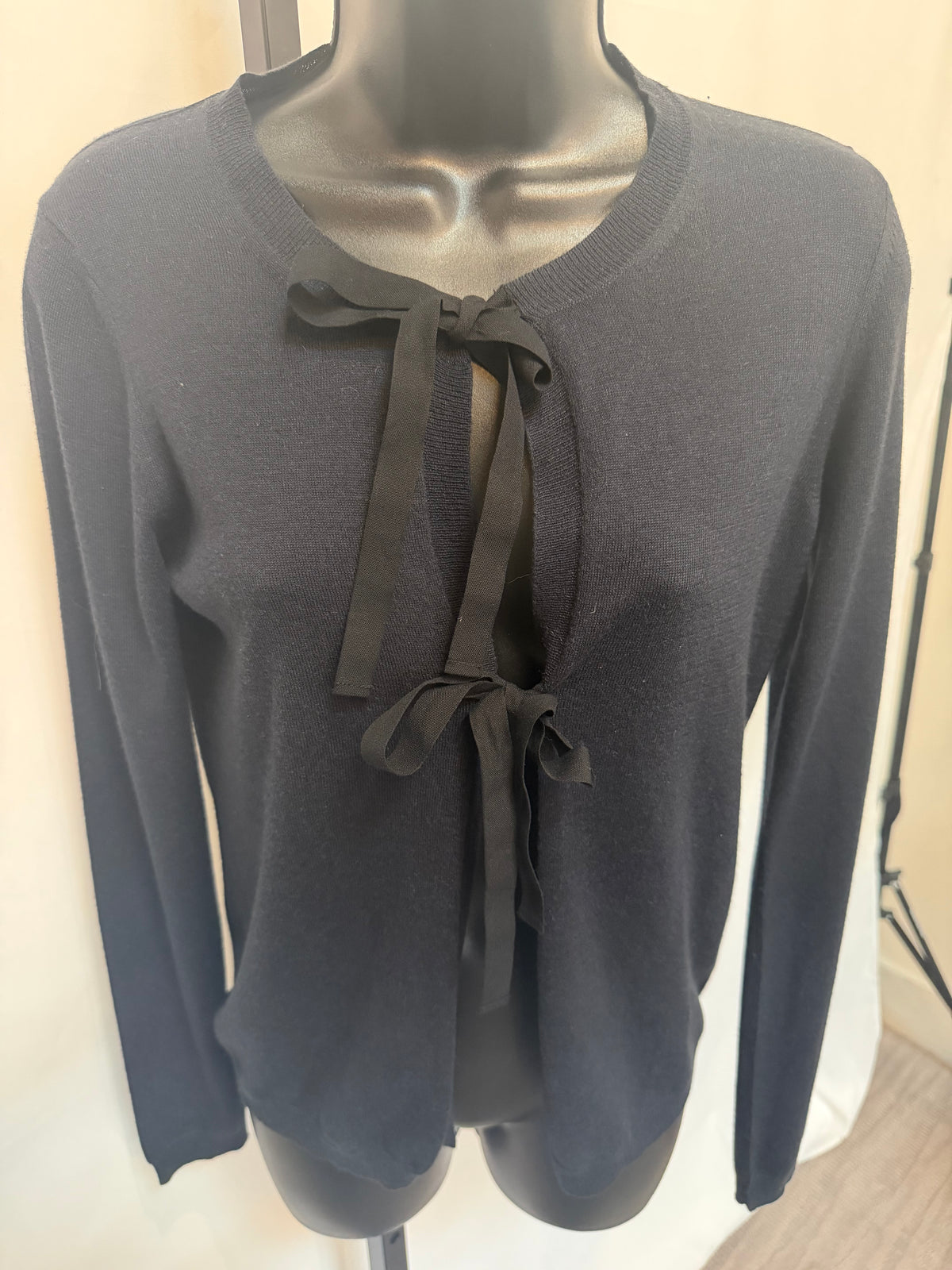 Jil Sander Navy Silk Cashmere Tie Neck Cardigan