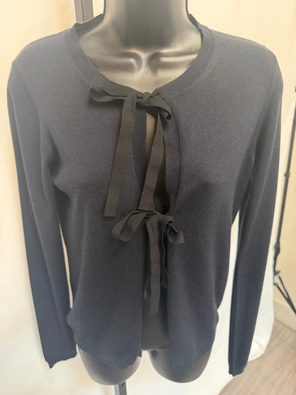 Jil Sander Navy Silk Cashmere Tie Neck Cardigan