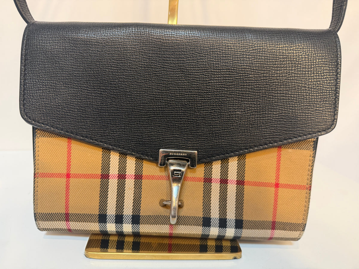 Burberry "Macken" Black & Check Leather Flap Clasp Crossbody Bag