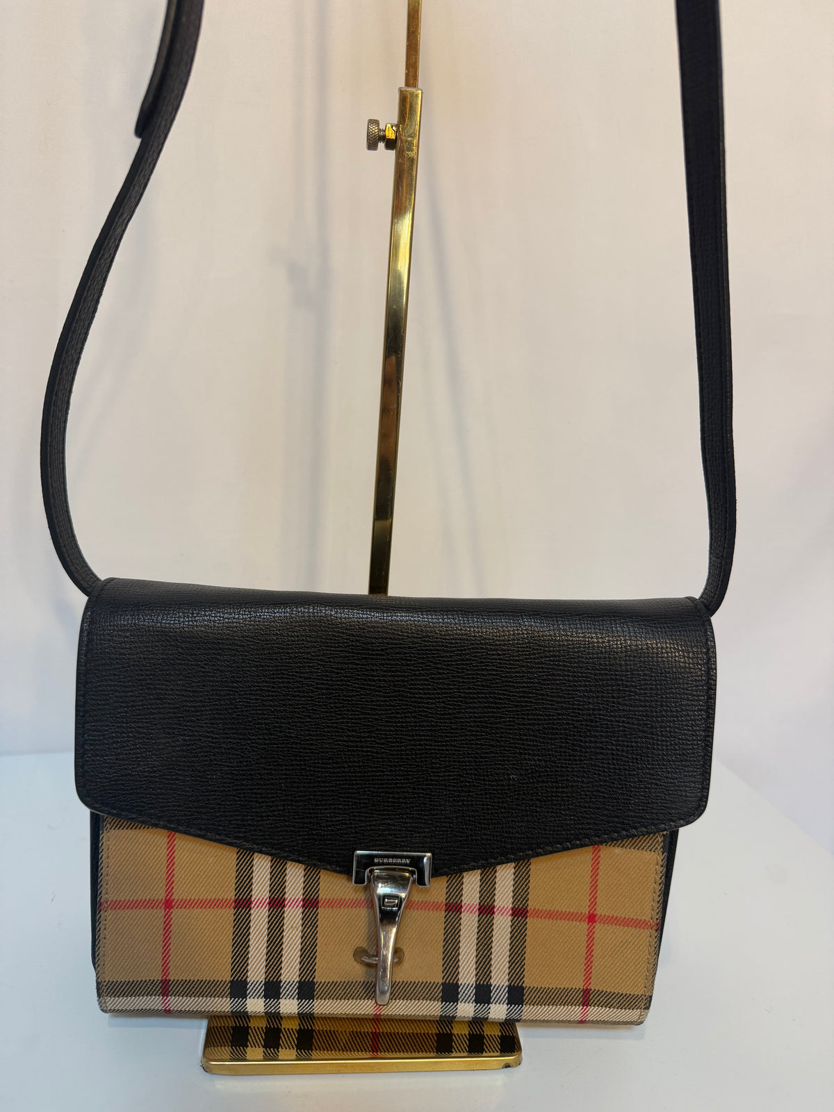 Burberry "Macken" Black & Check Leather Flap Clasp Crossbody Bag