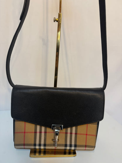 Burberry "Macken" Black & Check Leather Flap Clasp Crossbody Bag