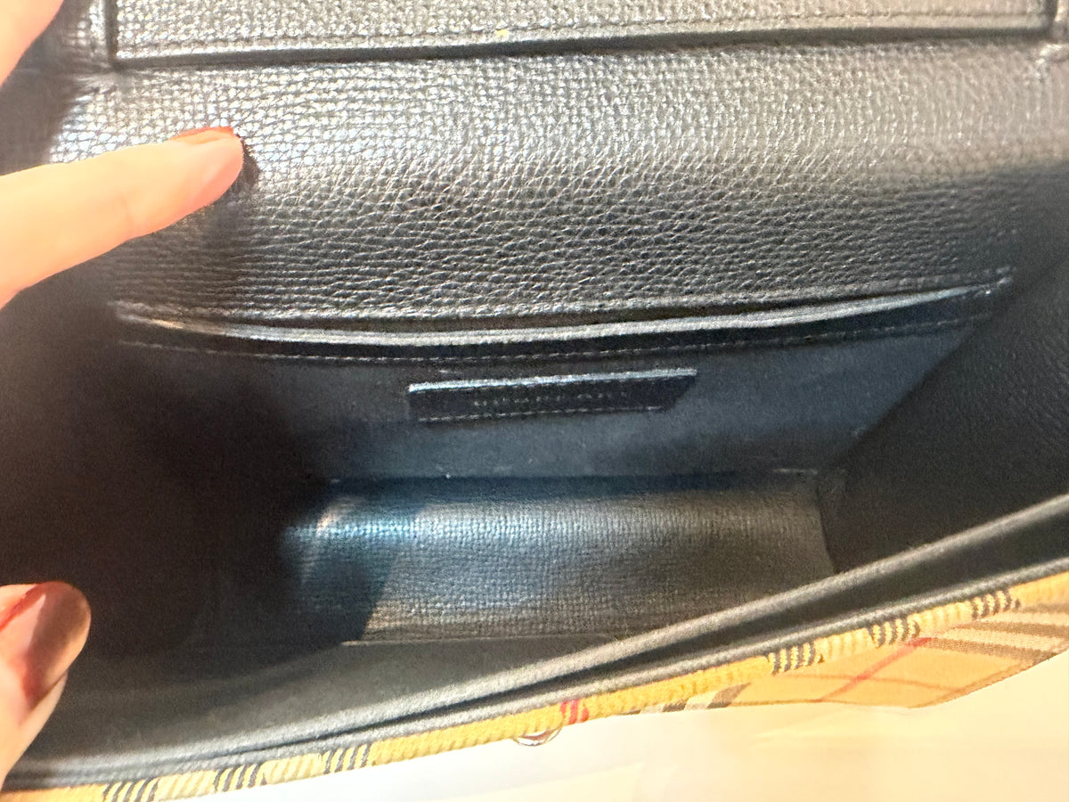 Burberry "Macken" Black & Check Leather Flap Clasp Crossbody Bag