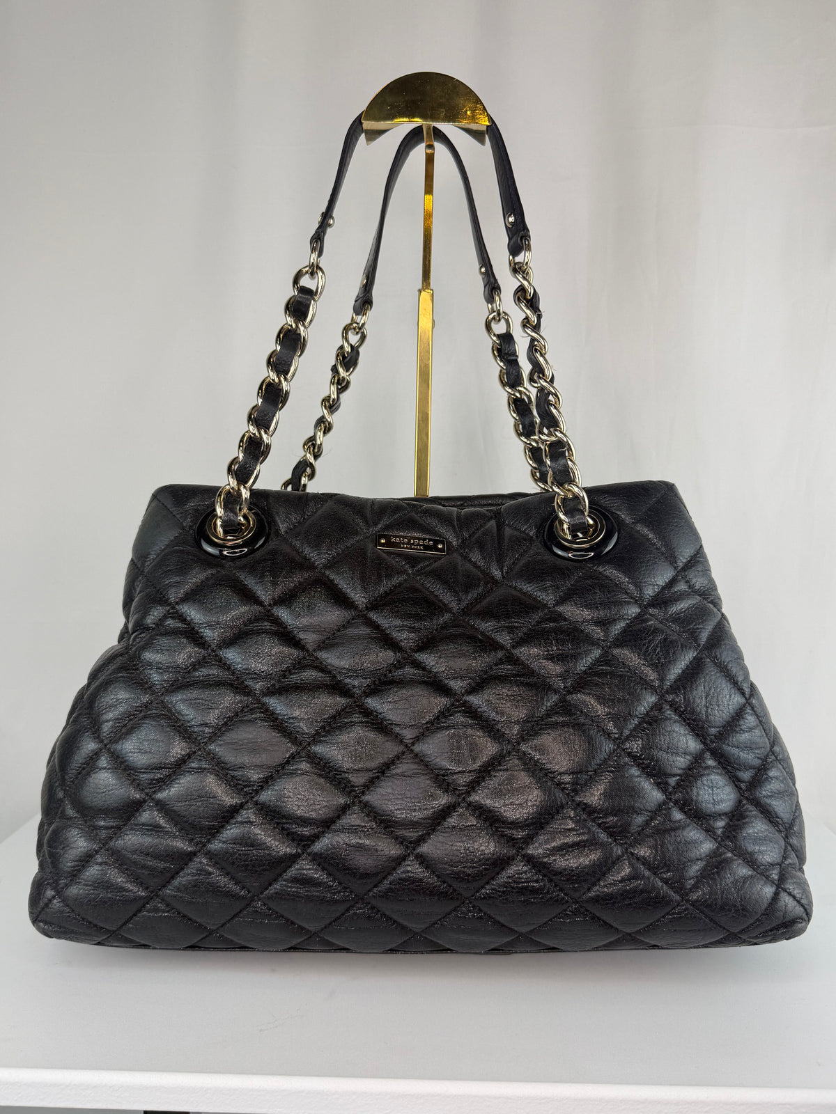 Kate Spade Black Leather Diamond Quilted Tote Bag w Silver Chain