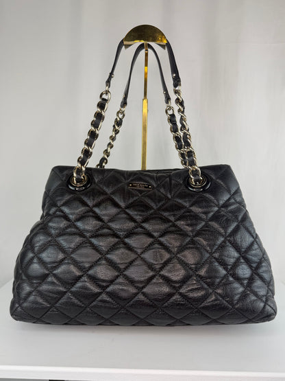 Kate Spade Black Leather Diamond Quilted Tote Bag w Silver Chain