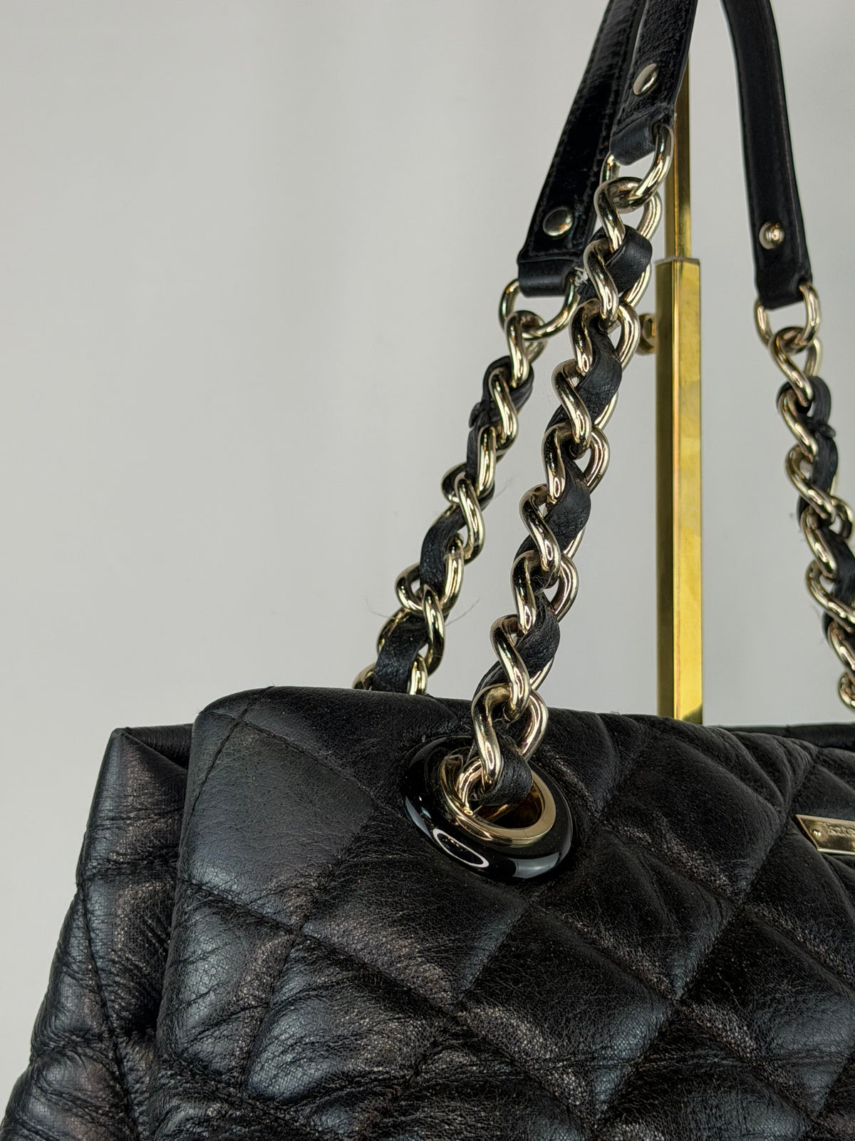 Kate Spade Black Leather Diamond Quilted Tote Bag w Silver Chain