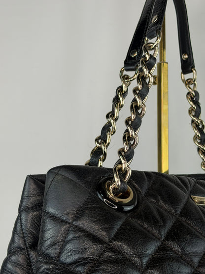 Kate Spade Black Leather Diamond Quilted Tote Bag w Silver Chain
