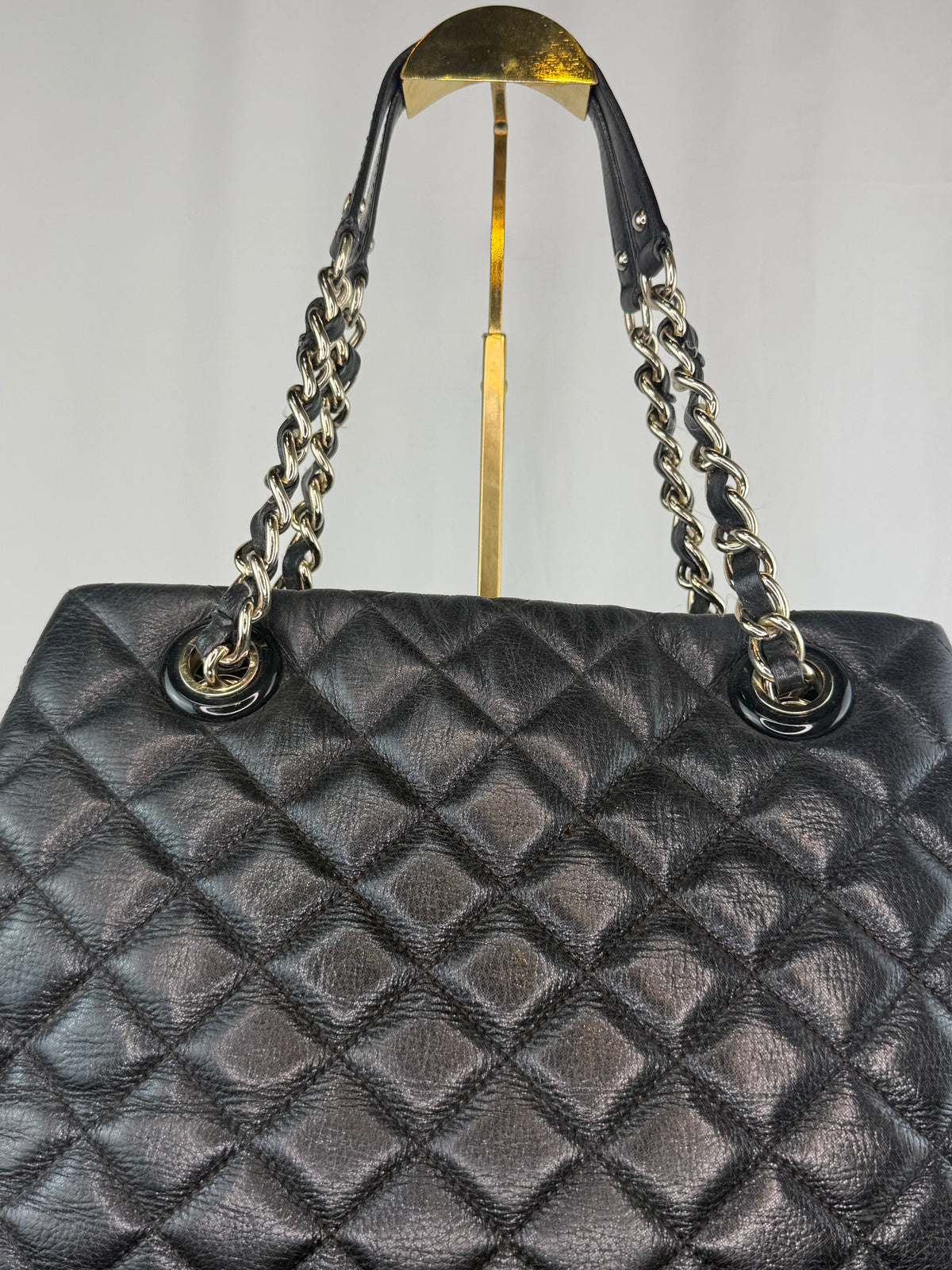 Kate Spade Black Leather Diamond Quilted Tote Bag w Silver Chain