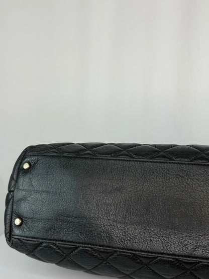 Kate Spade Black Leather Diamond Quilted Tote Bag w Silver Chain