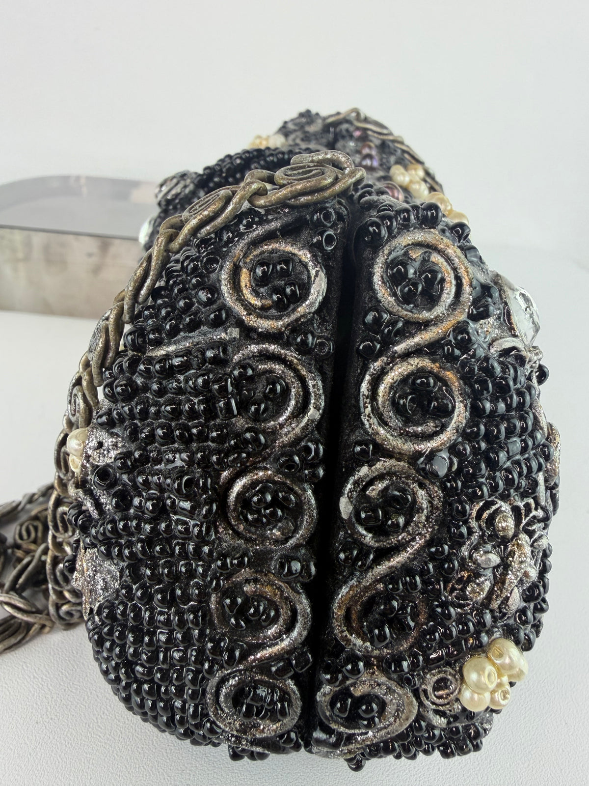 Mary Frances Black Beaded Evening Bag w/ White Flower Details