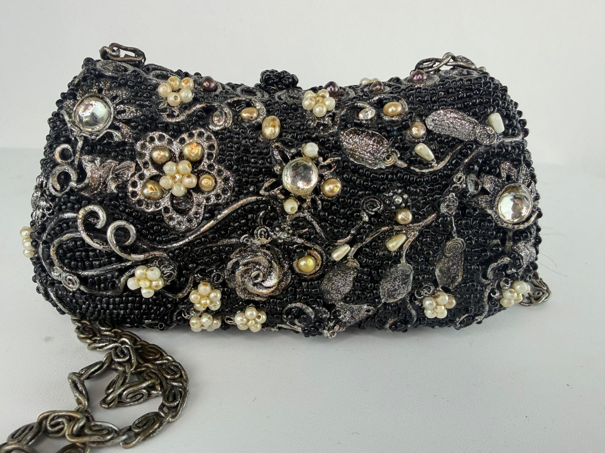 Mary Frances Black Beaded Evening Bag w/ White Flower Details