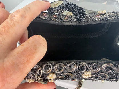 Mary Frances Black Beaded Evening Bag w/ White Flower Details