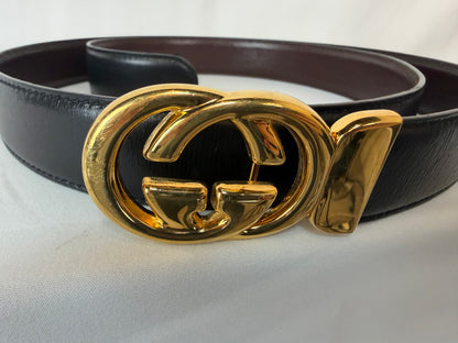 Gucci Black Leather Belt w/ Gold Interlocking G Logo