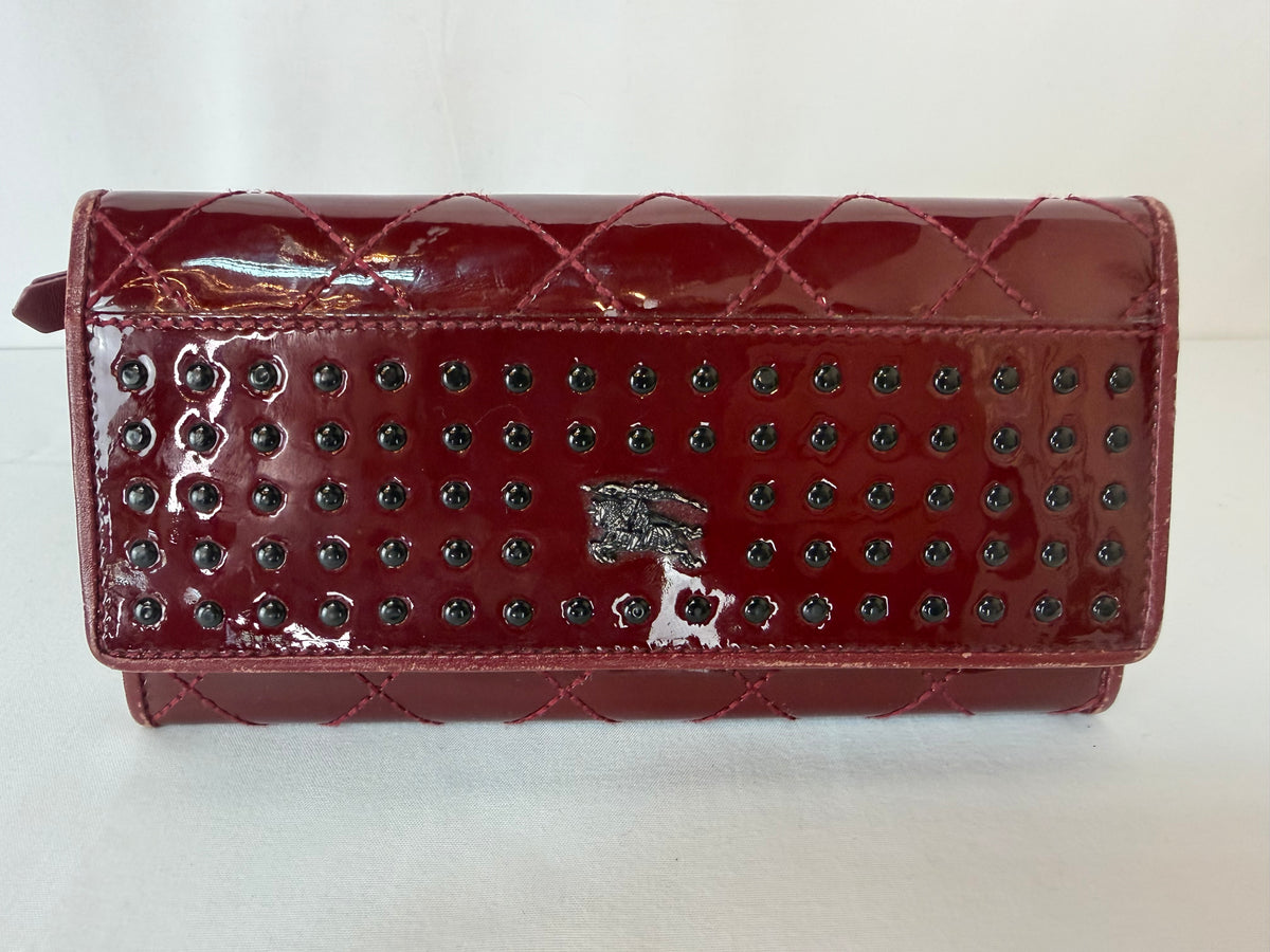 Burberry Red Patent Leather Quilted Studded Long Wallet