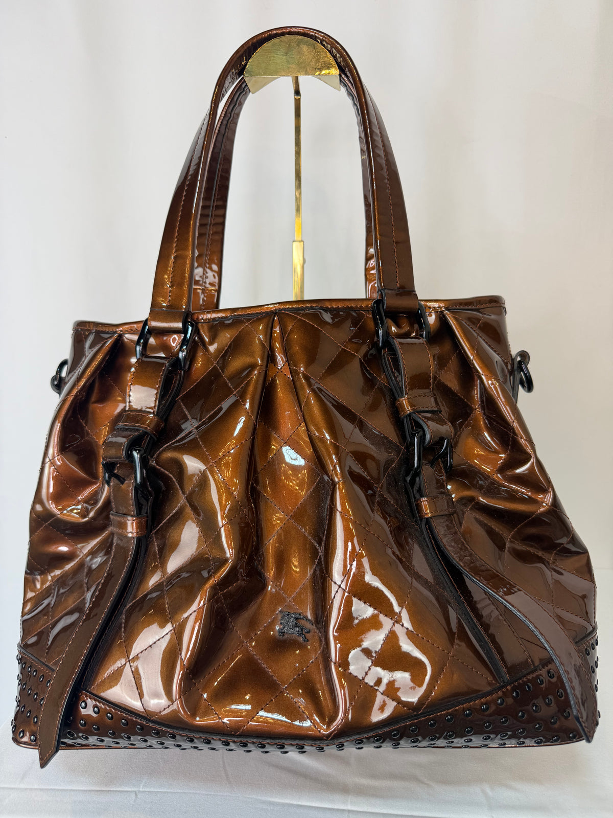 Burberry Copper Metallic Patent Leather Diamond Quilted Lowry Studded Tote