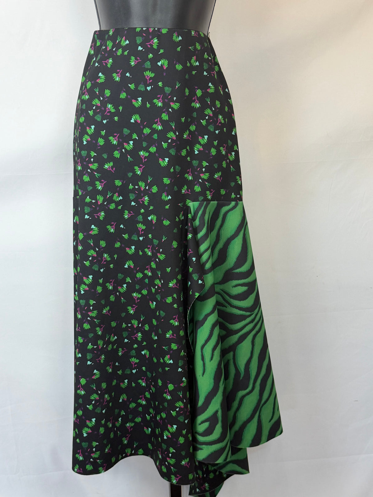 Dorothee Schumacher Black & Green Floral & Green Zebra Print Midi Skirt