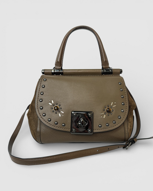 Coach Leather Suede Brown Stud & Bead Detail Lock Closure 3-Way Bag