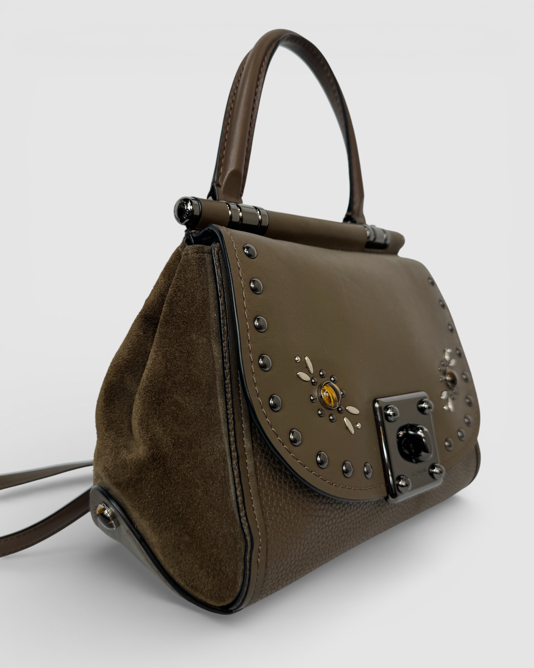 Coach Leather Suede Brown Stud & Bead Detail Lock Closure 3-Way Bag