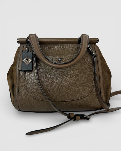 Coach Leather Suede Brown Stud & Bead Detail Lock Closure 3-Way Bag