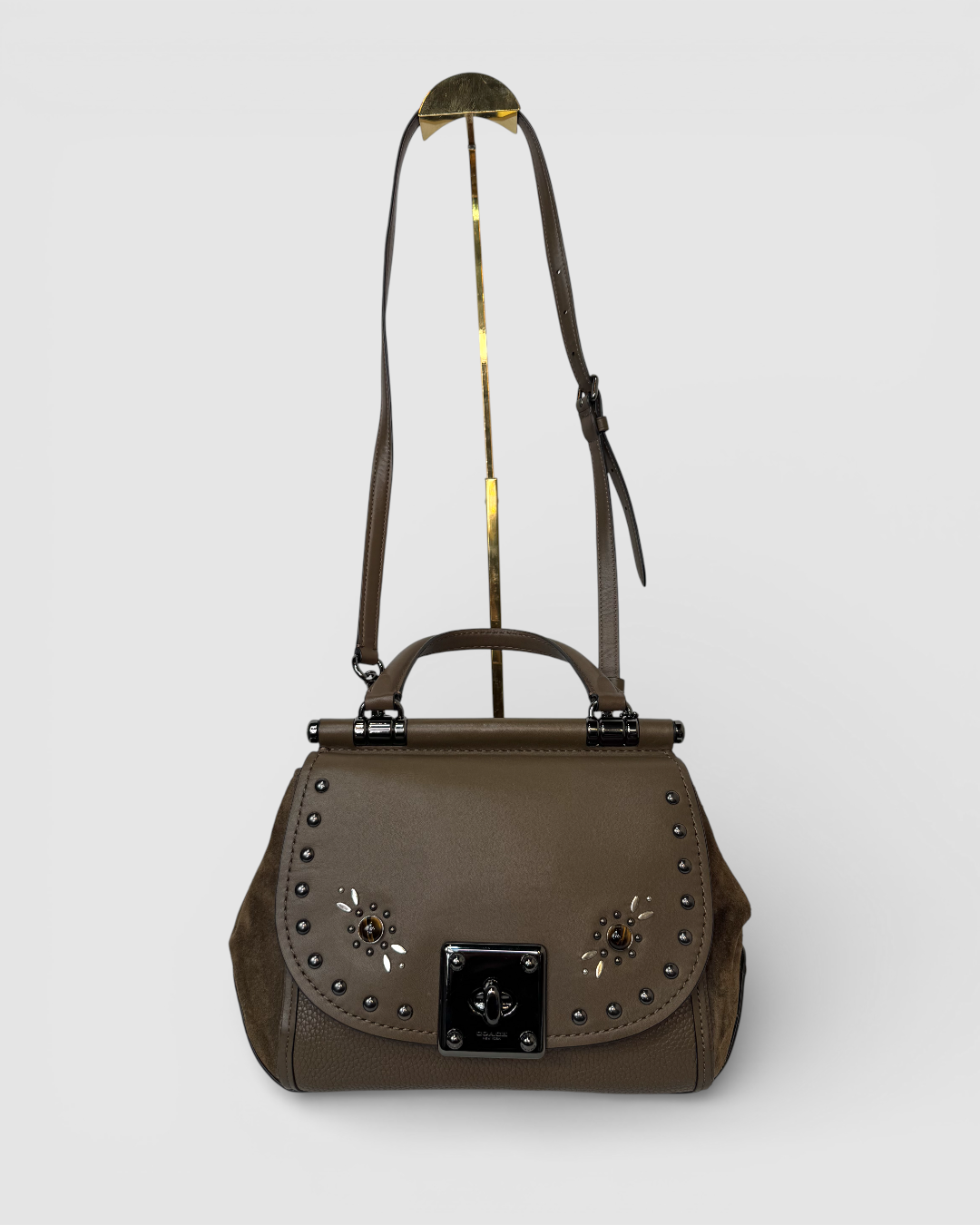 Coach Leather Suede Brown Stud & Bead Detail Lock Closure 3-Way Bag