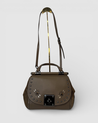 Coach Leather Suede Brown Stud & Bead Detail Lock Closure 3-Way Bag