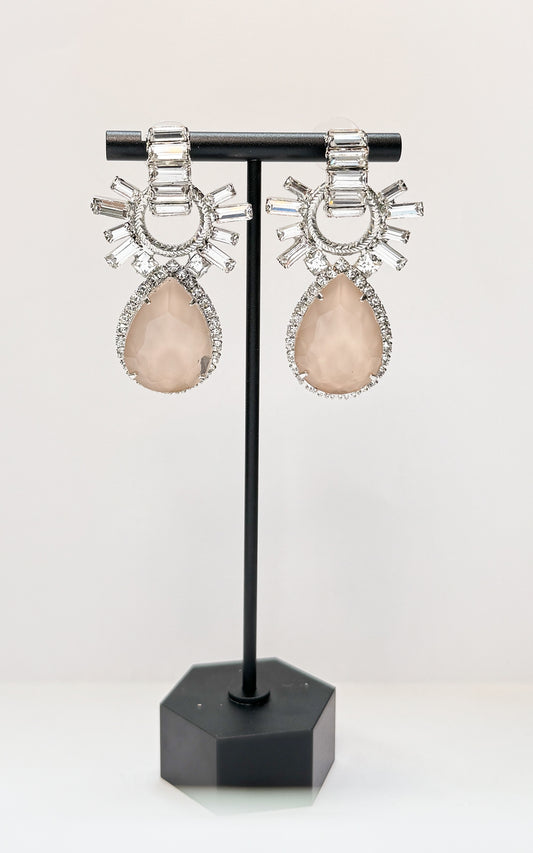 Elizabeth Cole Silver Tone Statement Earrings With Large Clear Rhinestones & Teardrop Pink Stone