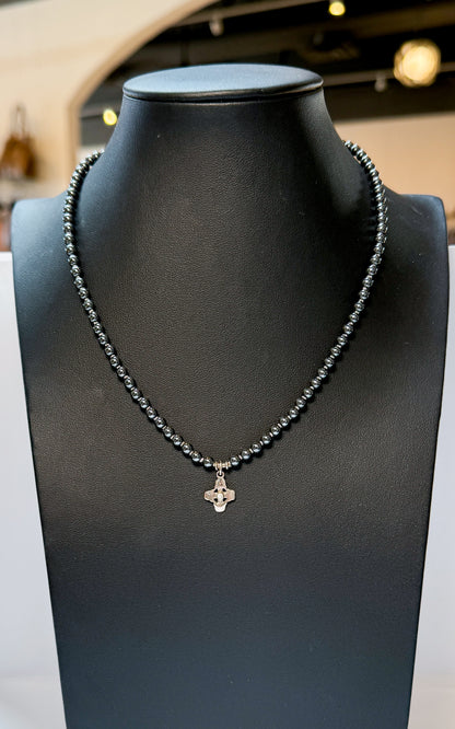 Lee Brevard 18K & Beaded Hematite Tiny Signature Cross with Stone Charm Pendant Necklace on
