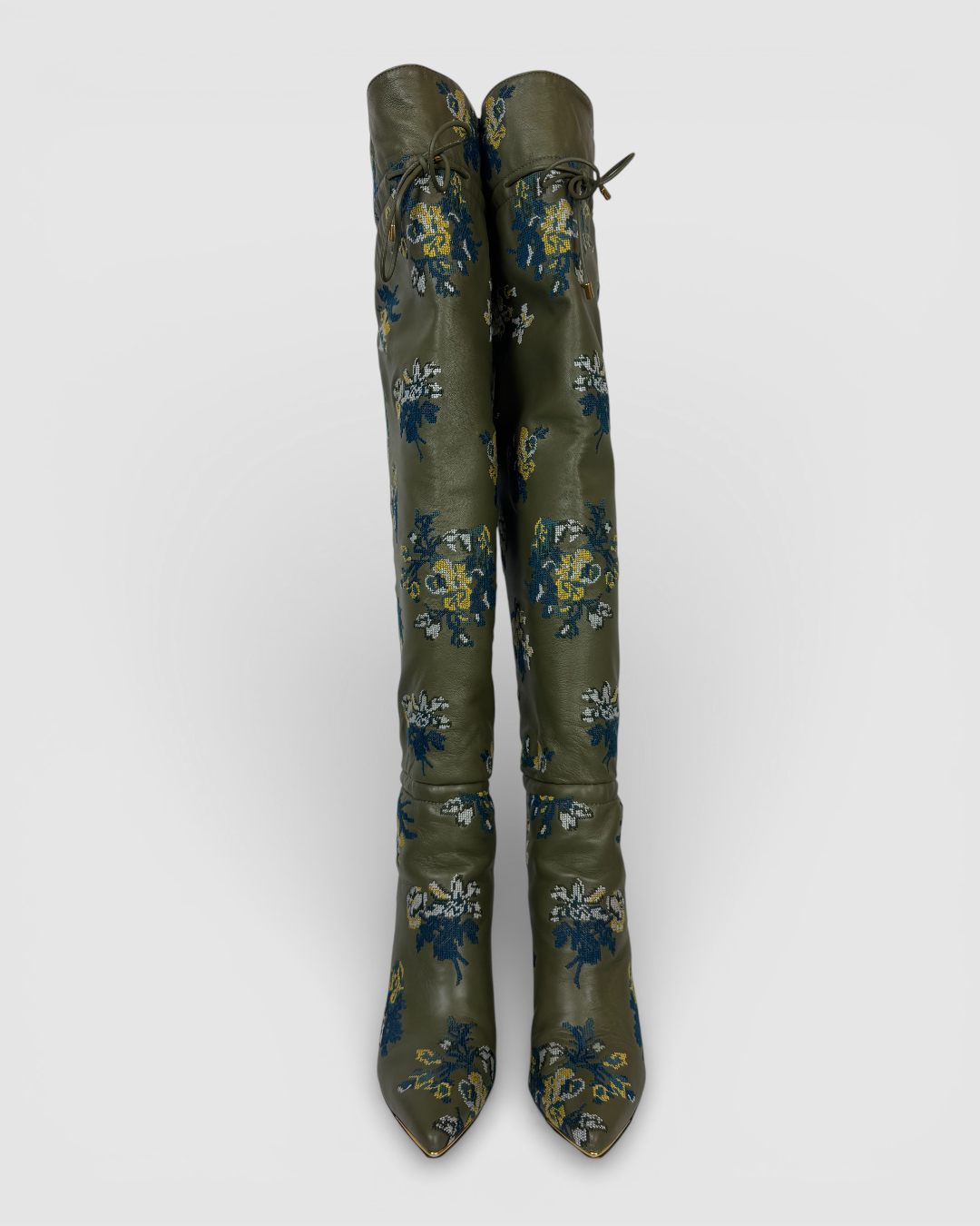 Tory Burch Olive Green w Blue Yellow Embroidered Floral Over-The-Knee "Scrunch" Boots