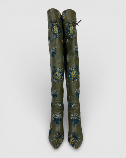 Tory Burch Olive Green w Blue Yellow Embroidered Floral Over-The-Knee "Scrunch" Boots