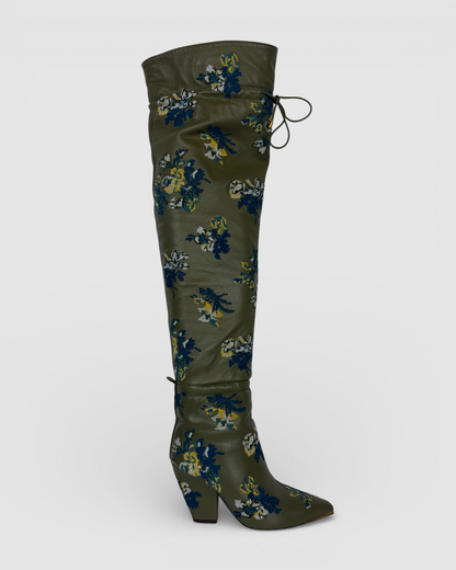 Tory Burch Olive Green w Blue Yellow Embroidered Floral Over-The-Knee "Scrunch" Boots