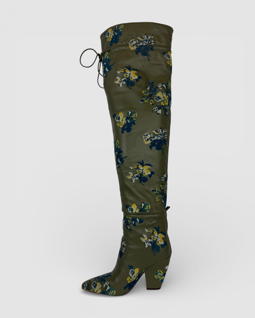 Tory Burch Olive Green w Blue Yellow Embroidered Floral Over-The-Knee "Scrunch" Boots