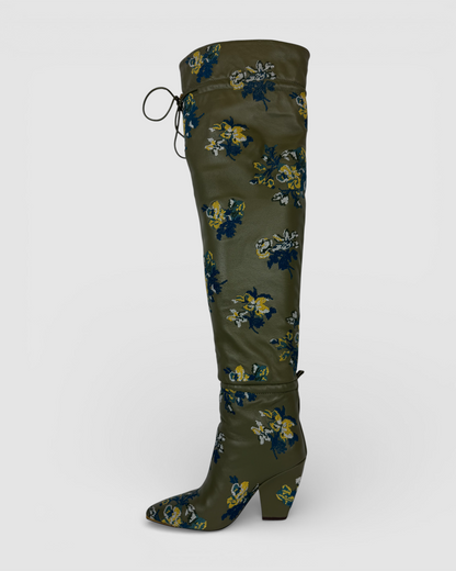 Tory Burch Olive Green w Blue Yellow Embroidered Floral Over-The-Knee "Scrunch" Boots