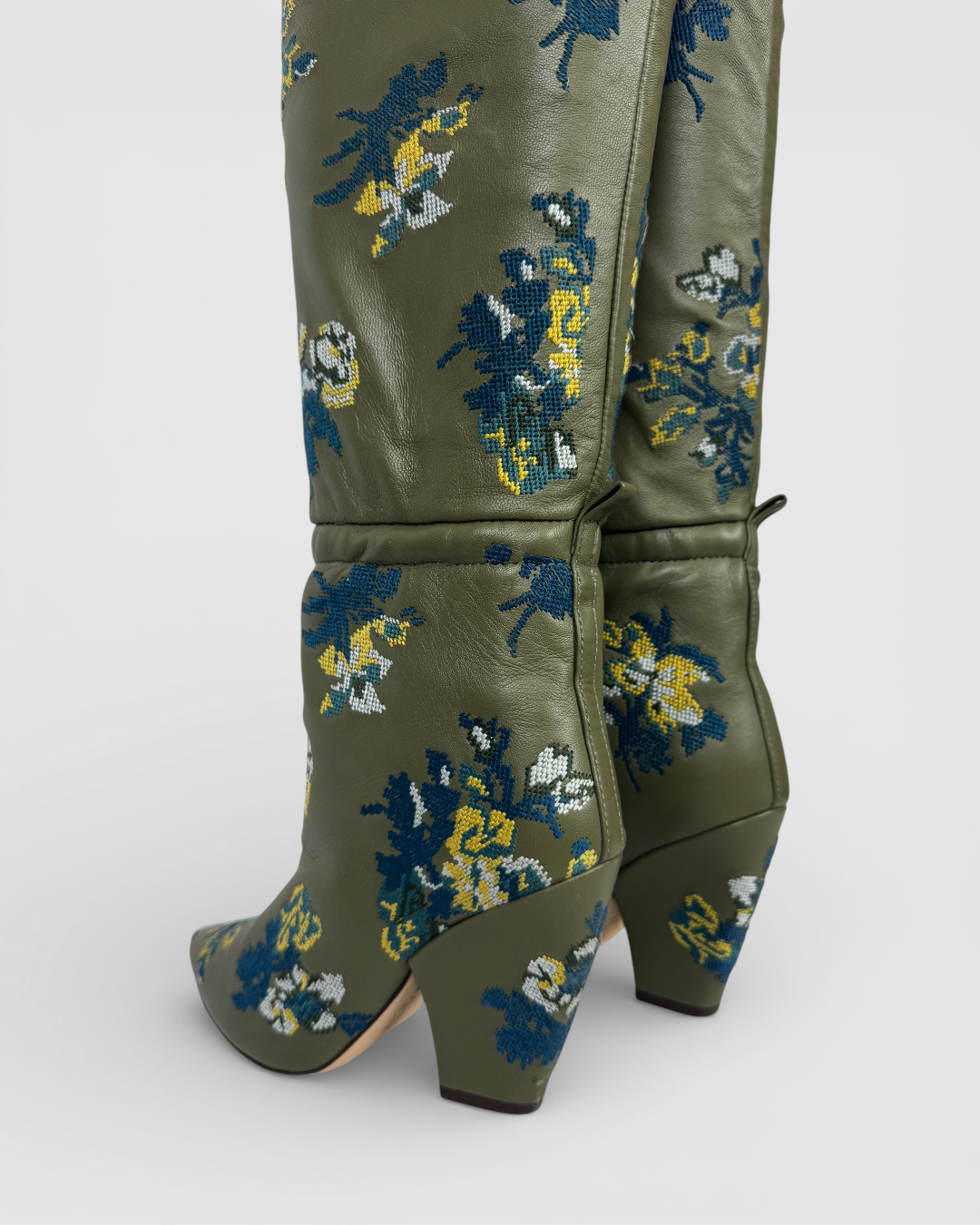 Tory Burch Olive Green w Blue Yellow Embroidered Floral Over-The-Knee "Scrunch" Boots