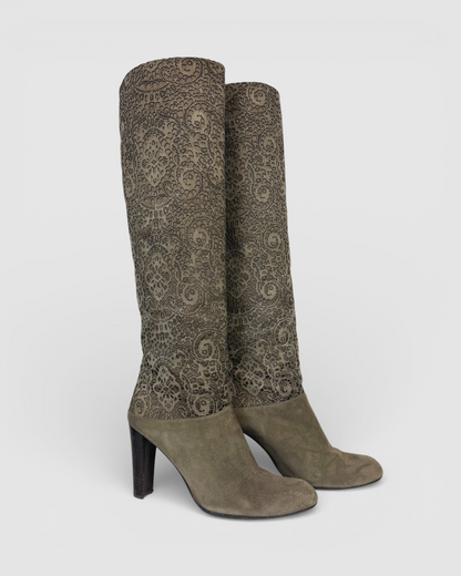 Stuart Weitzman Suede Grey Brown Laser Cut Knee-High Heel Boots