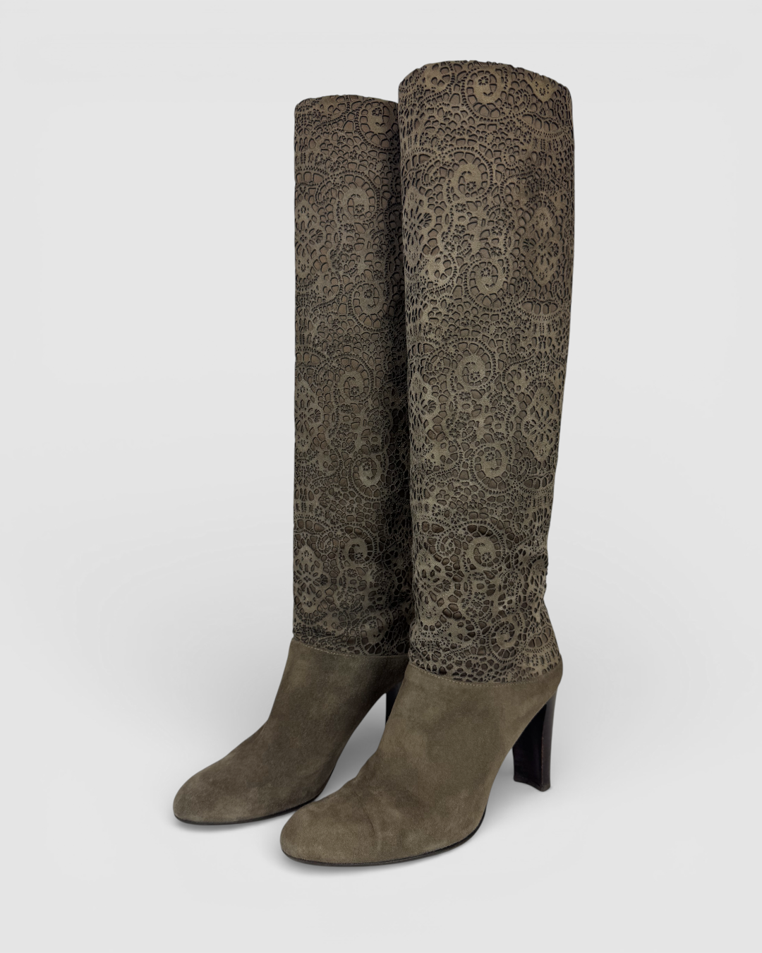 Stuart Weitzman Suede Grey Brown Laser Cut Knee-High Heel Boots
