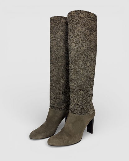 Stuart Weitzman Suede Grey Brown Laser Cut Knee-High Heel Boots