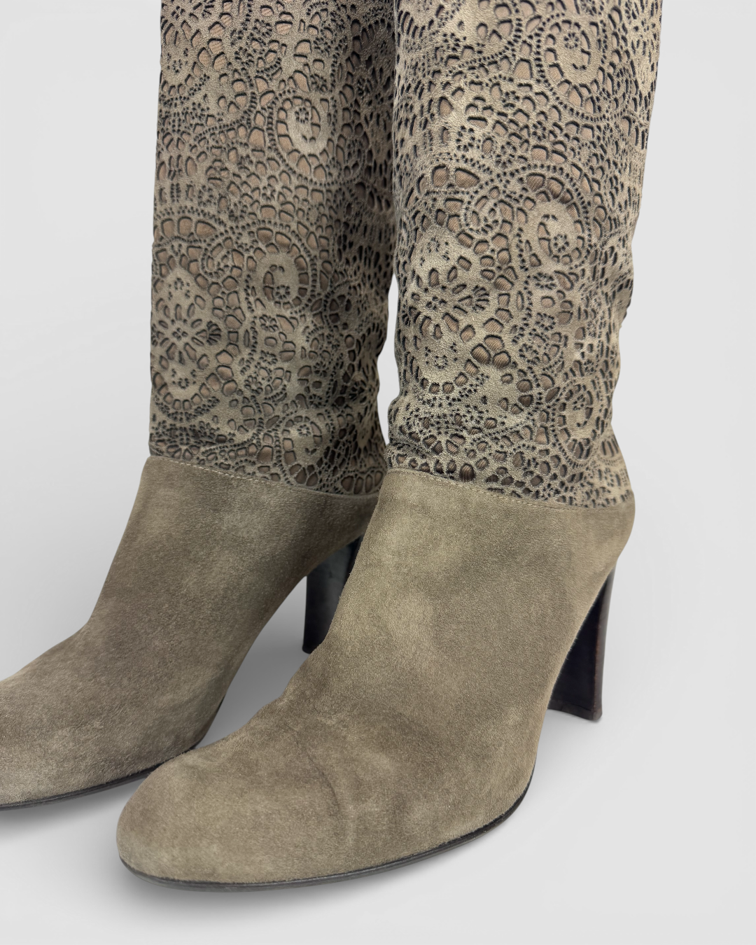 Stuart Weitzman Suede Grey Brown Laser Cut Knee-High Heel Boots