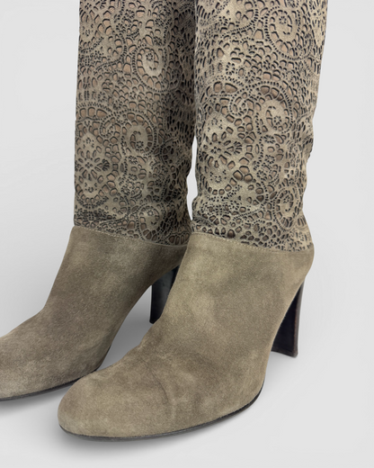 Stuart Weitzman Suede Grey Brown Laser Cut Knee-High Heel Boots