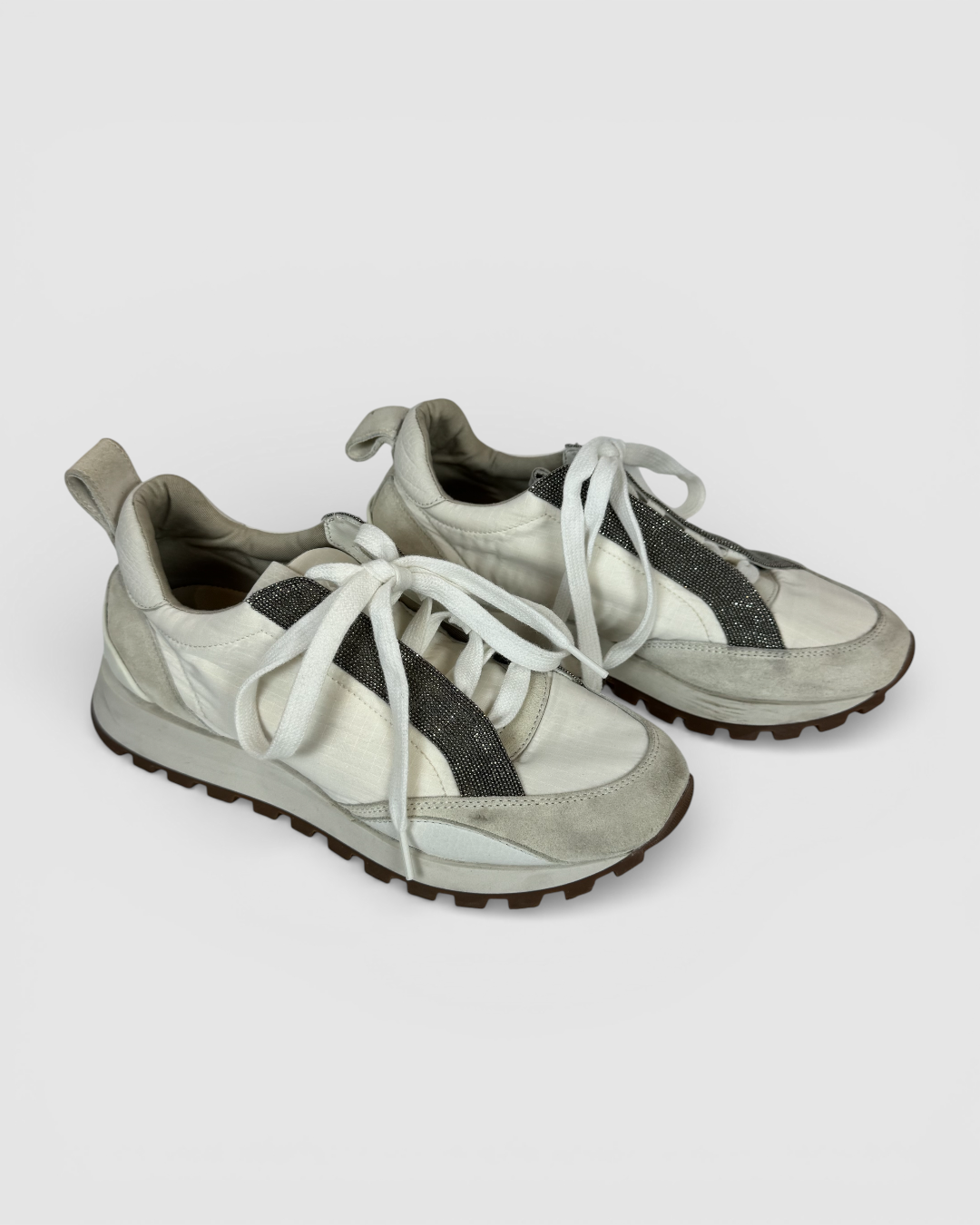 Brunello Cucinelli White Sneaker w/ Grey Suede Toe & Beading Down Front