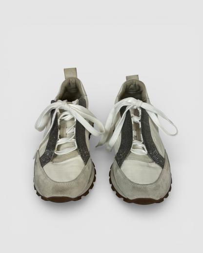 Brunello Cucinelli White Sneaker w/ Grey Suede Toe & Beading Down Front