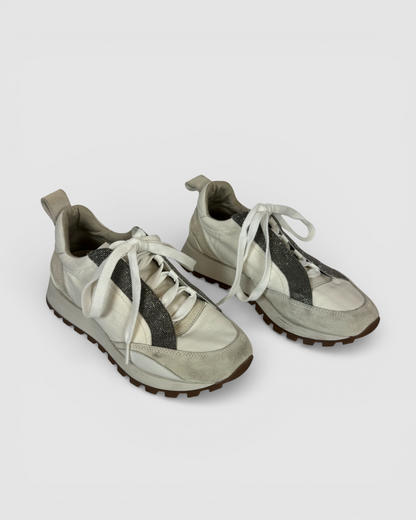 Brunello Cucinelli White Sneaker w/ Grey Suede Toe & Beading Down Front