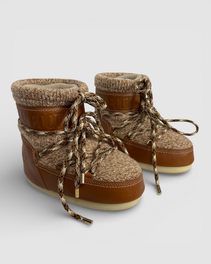 Chloe Brown Wool & Leather Lace Up Ankle High Moon Boot